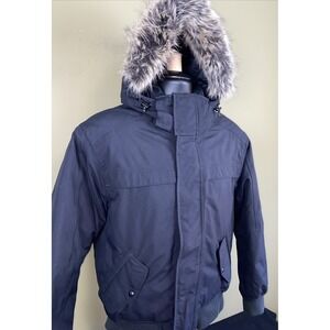 Mens Lands End Black Down Bomber Jacket Hood w/Removable Fur Trim & Hood Medium